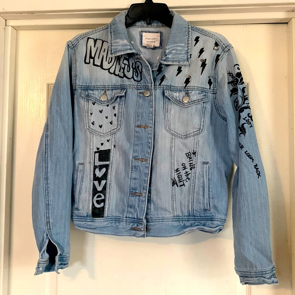 Forever 21 Studded Graffiti Jean Jacket